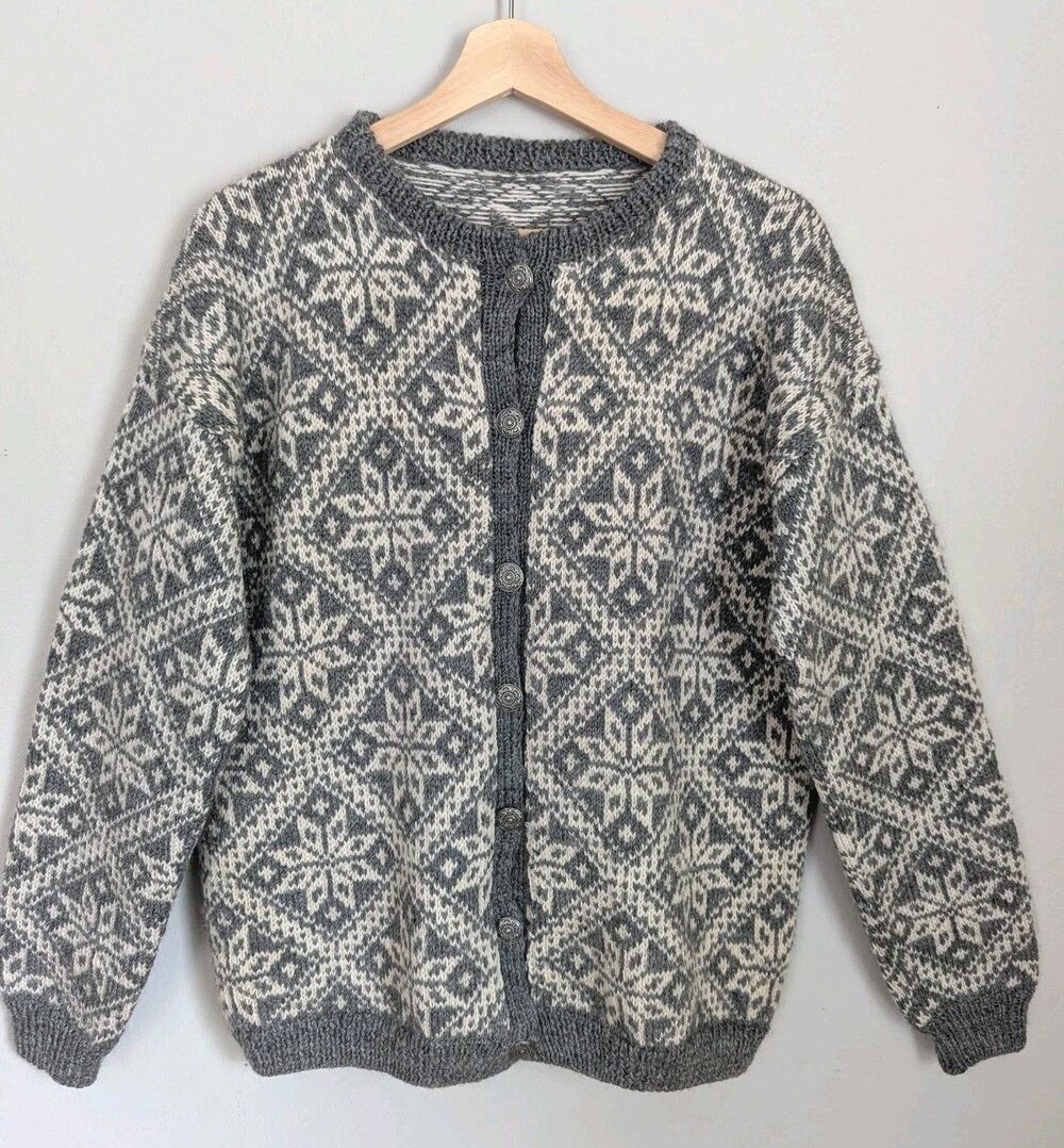 Vintage Handmade Nordic Button 100% Wool Cardigan Ski Sweater Gray Womens L